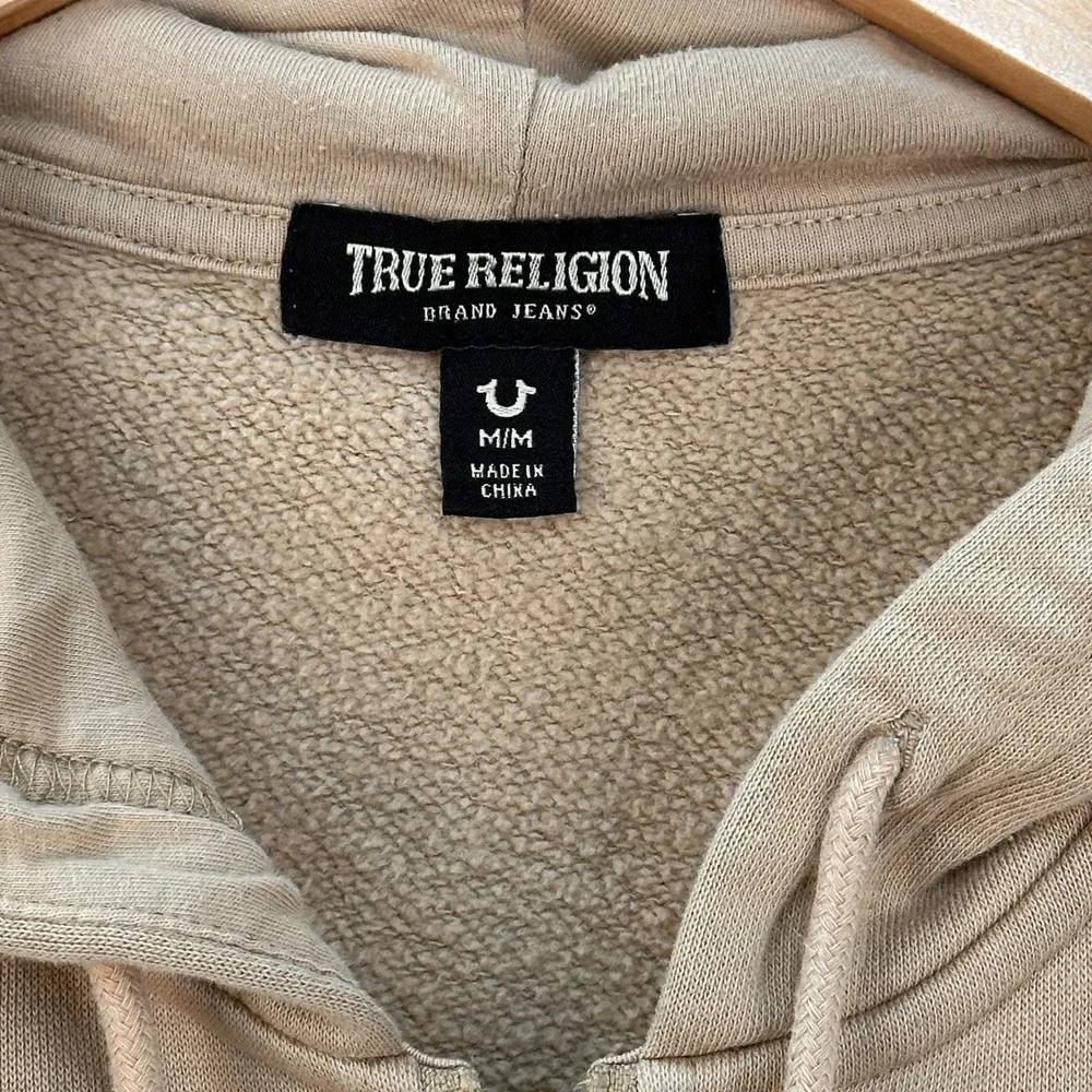 True‎ Religion Hoodie Sweatshirt Mens M Beige Full Zip Logo Front Back